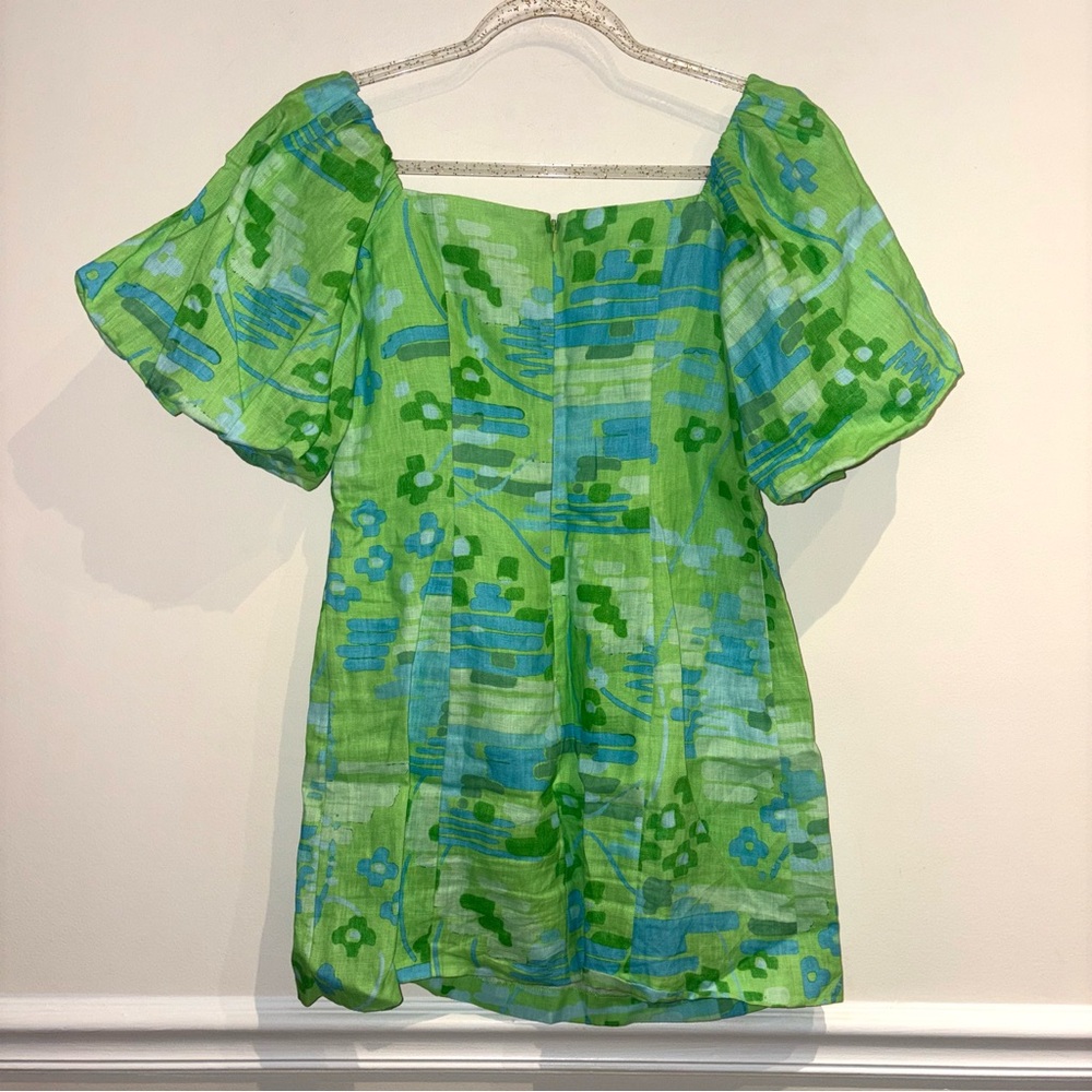 RHODE Dali Dress Puff Sleeve Linen Cotton Electric Eden Green Floral Print Sz 6 - Picture 7 of 10